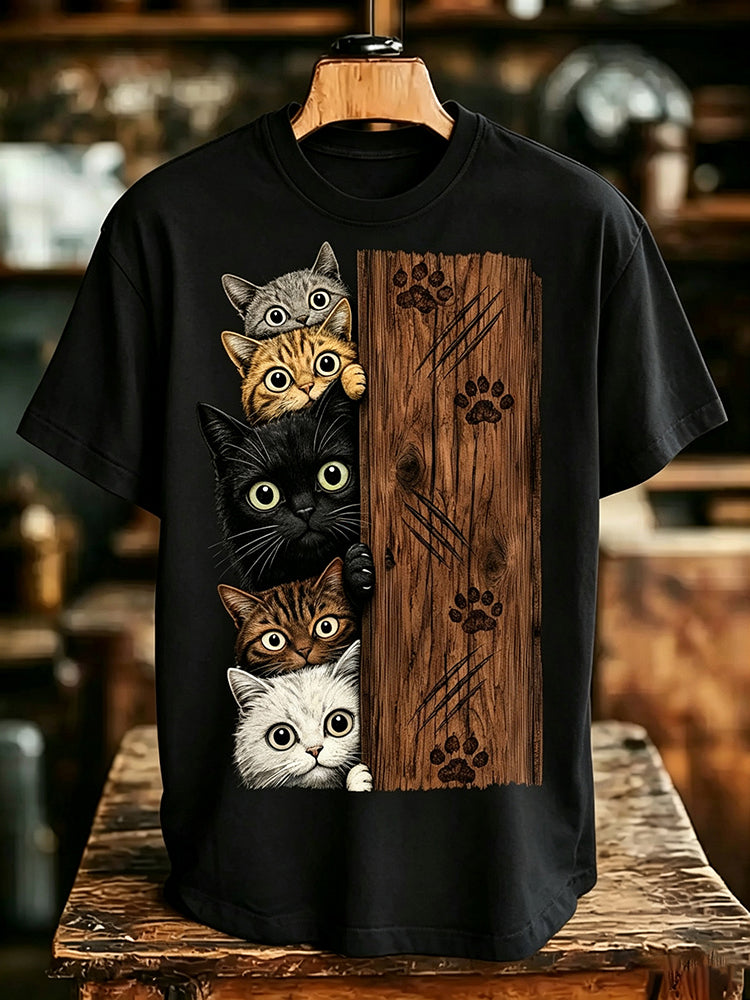 Men's Retro Cat Print Casual Crew Neck T-shirt