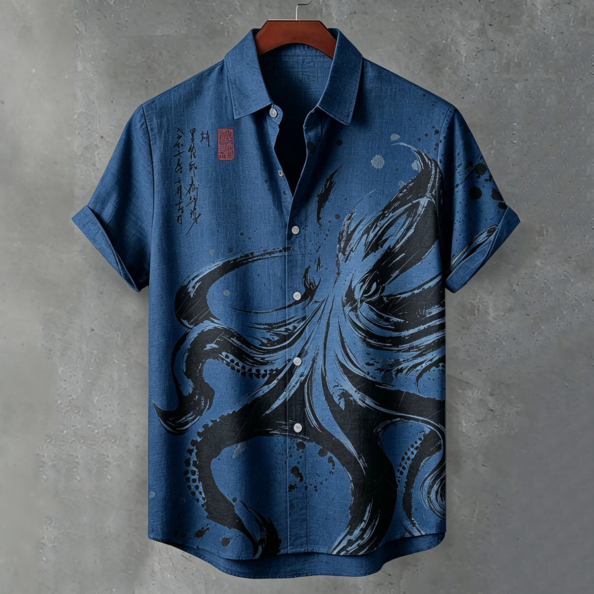 Men's Retro Japanese Octopus And Calligraphy Ink Art Pattern Casual Shirt