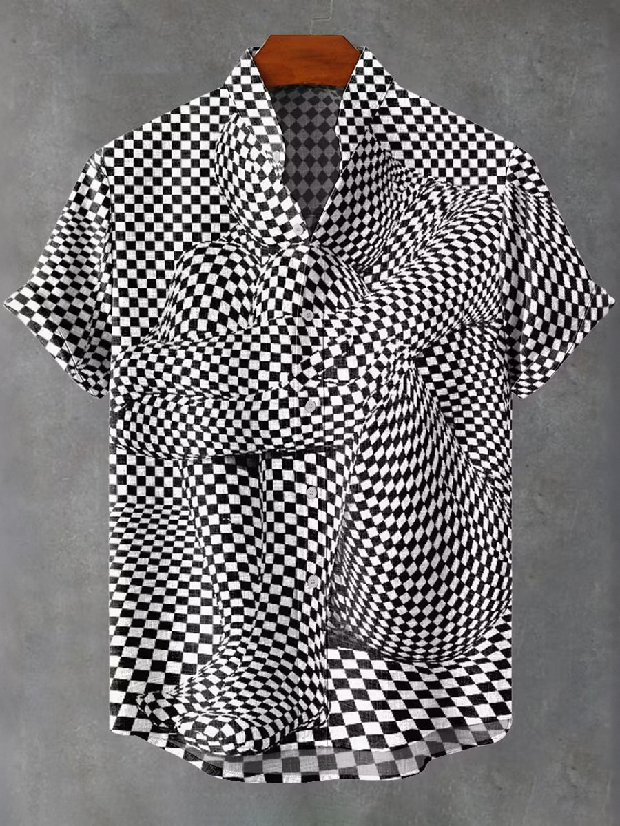 Men's Vintage Visual Geometric Human Body Decorative Art Pattern Design Linen Blend Short-sleeve Shirt