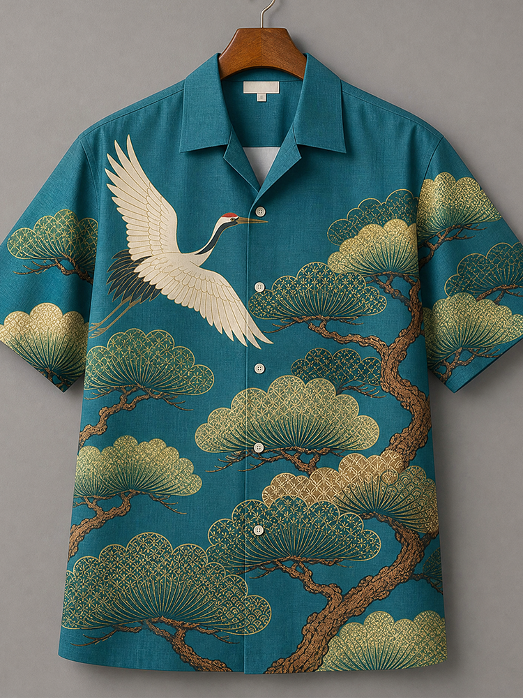 Men's Teal Japanese Pine Tree And Flying Crane Print Short Sleeve Shirt