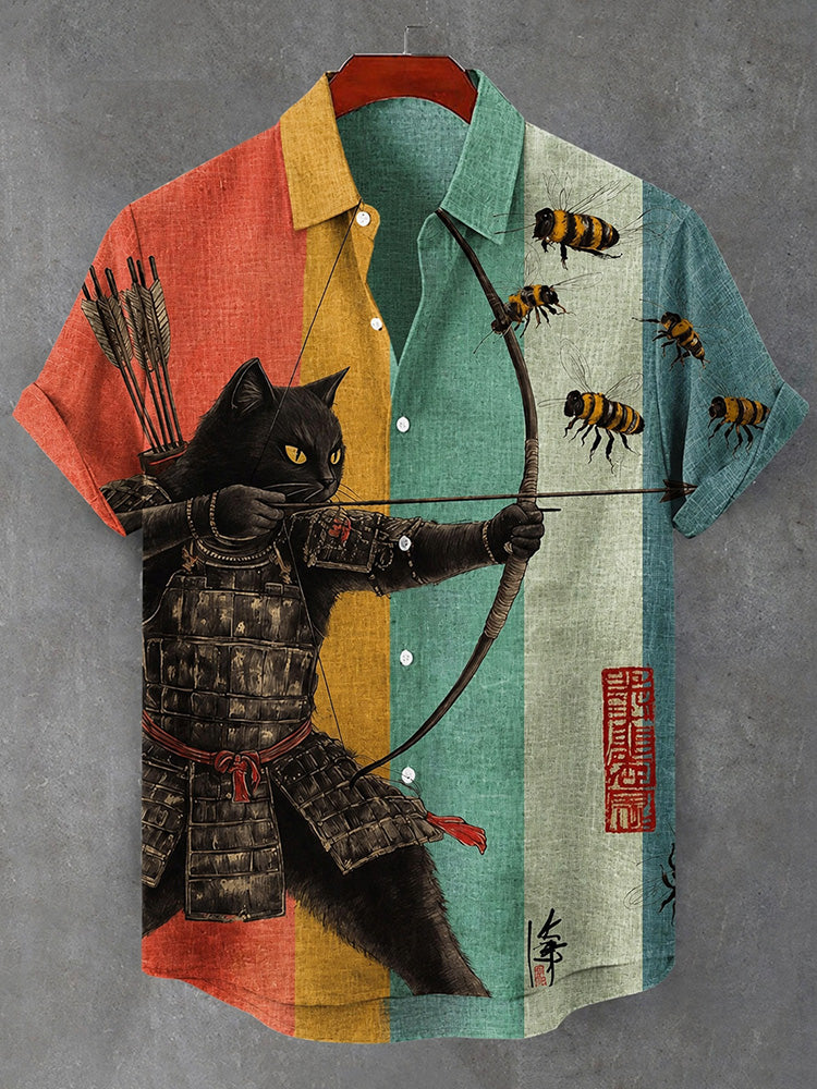 Men's Black Cat Tribal Warrior Japanese Kyudo Color Block Print Short Sleeve Shirt