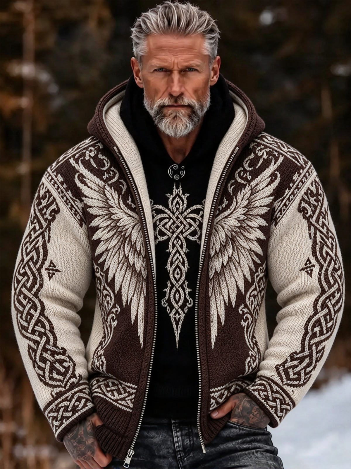 Men's Vintage Viking Wing Celtic Knot Cozy Warm Knitted Jacquard Zipper Hooded Sweater