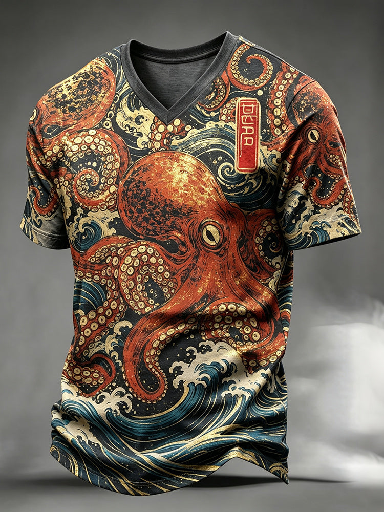 Men's Retro Japanese Art Octopus Wave Letter Print V-neck Short-sleeve T-shirt