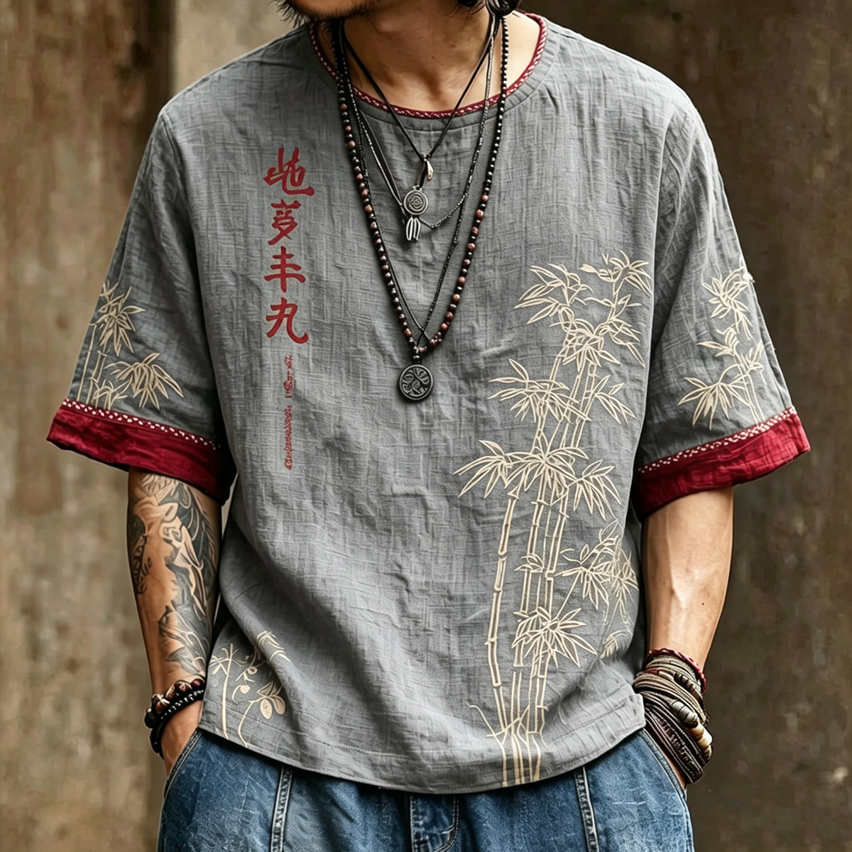 Men's Vintage Japanese Bamboo Leaf And Calligraphy Art Pattern T-shirt