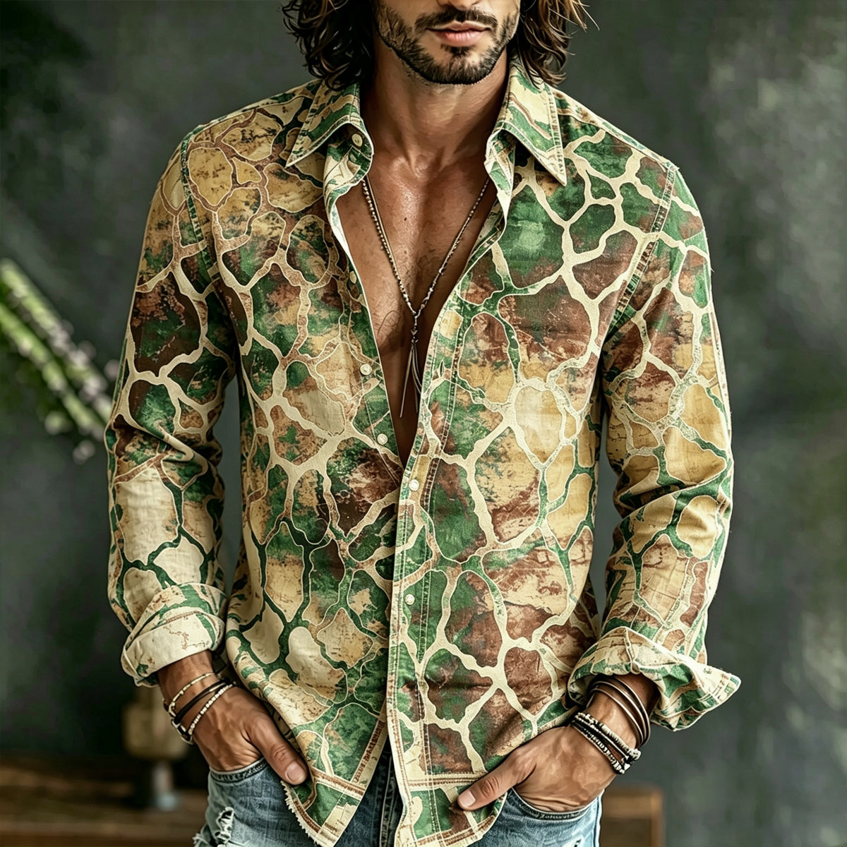 Men's Vintage Geometric Art Gradient Cotton Linen Long-sleeved Top
