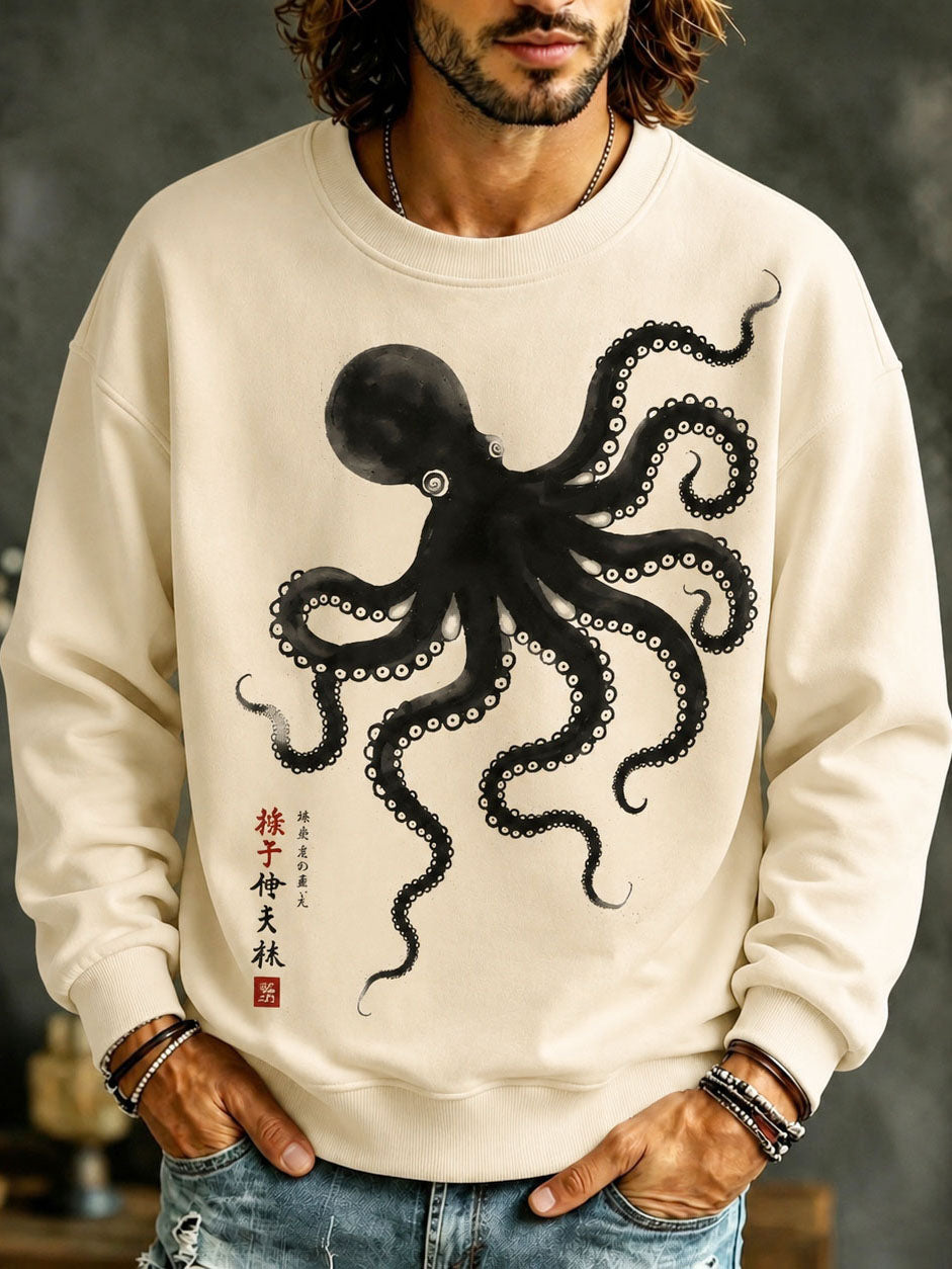 Men's Japanese Octopus Art Print Casual Sweatshirt