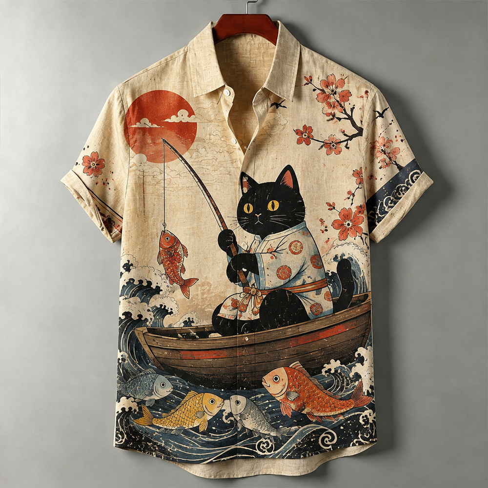 Men's Japanese Ukiyo-e Black Cat Fishing And Cherry Blossom Print Short Sleeve Shirt