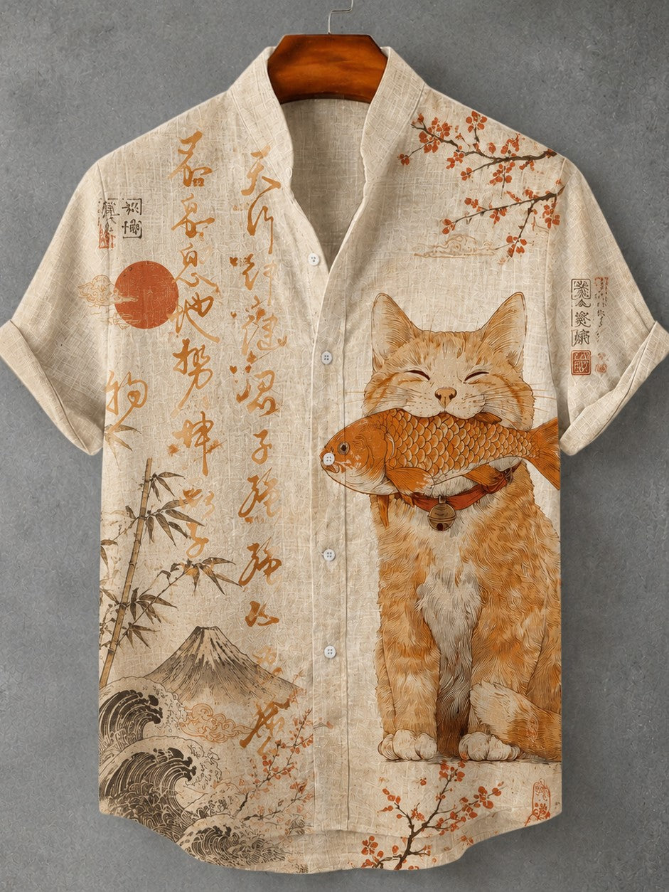 Men's Retro Japanese Art Cat And Calligraphy Print Short-sleeve Shirt