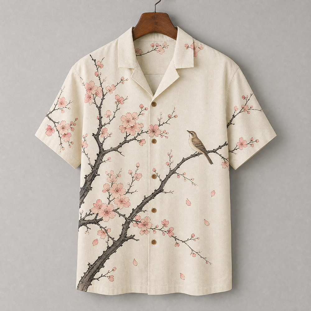 Men's Off-white Cherry Blossom And Little Bird Print Short Sleeve Shirt