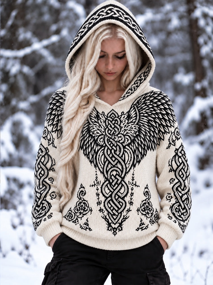 Women's Nordic Celtic Knot Wing Feather Pattern Loose Hoodie Long Sleeve Knit Pullover Sweater