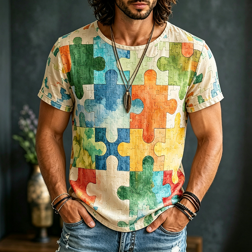 Men's Crewneck Short Sleeve T-shirt - Giant Interlocking Jigsaw Puzzle Pieces And Watercolor Splash Graphic Print Top