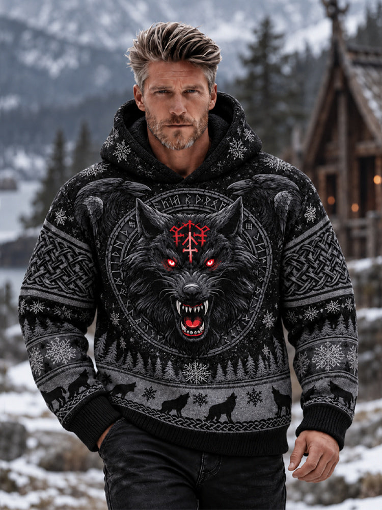 Men's Vintage Viking Nordic Rope Knot Wolf Raven Print Hoodie