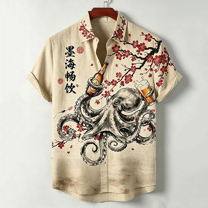 Men's Japanese Cherry Blossom And Octopus Drinking Art Pattern Casual Linen Shirt
