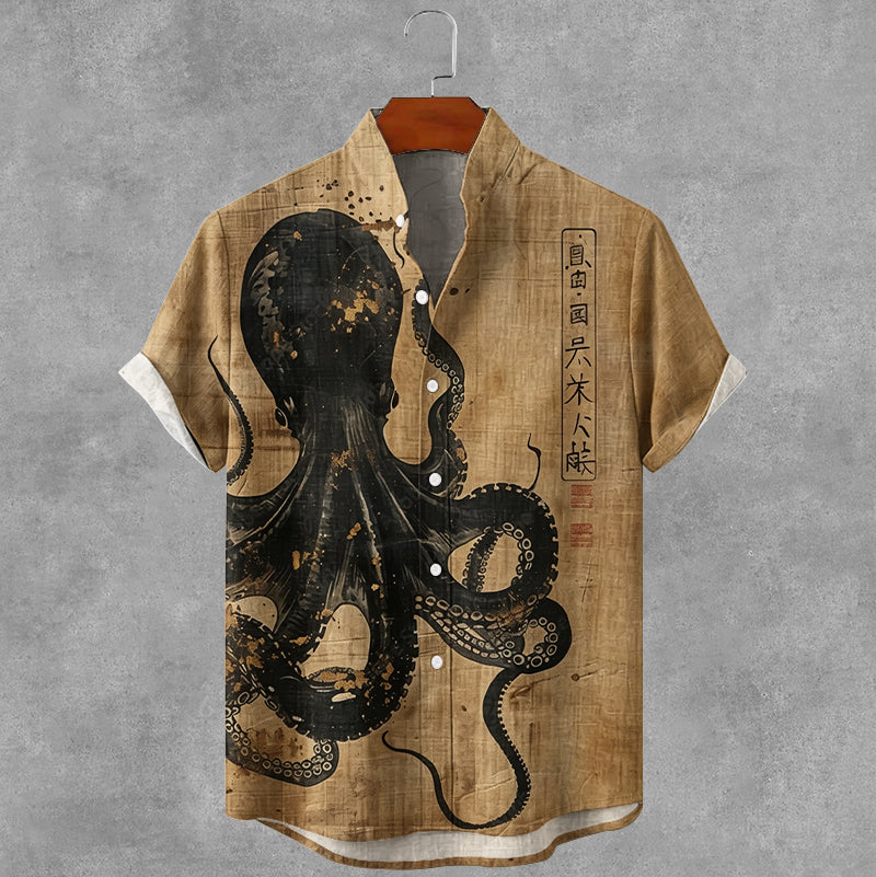 Vintage Japanese Octopus Art Print Button Casual Cotton Linen Shirt