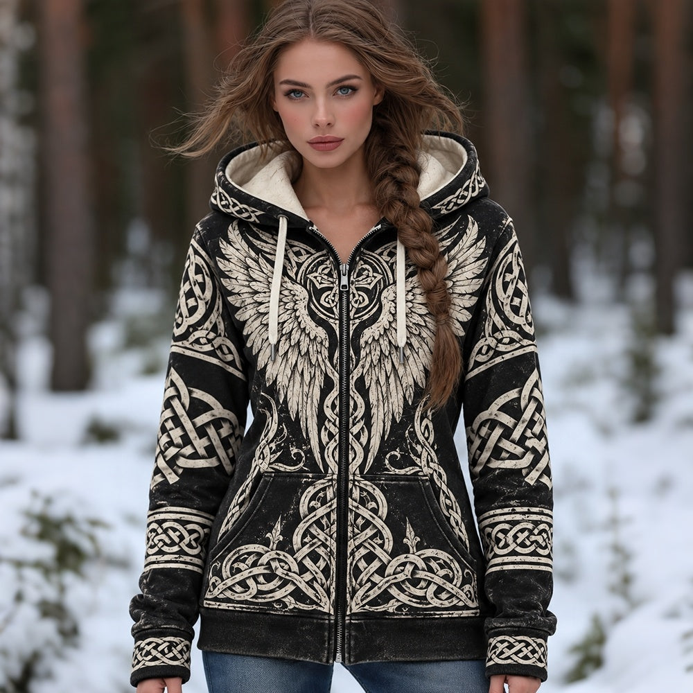 Women's Vintage Viking Wing &celtic Knot Art Print Zip Up Hoodie