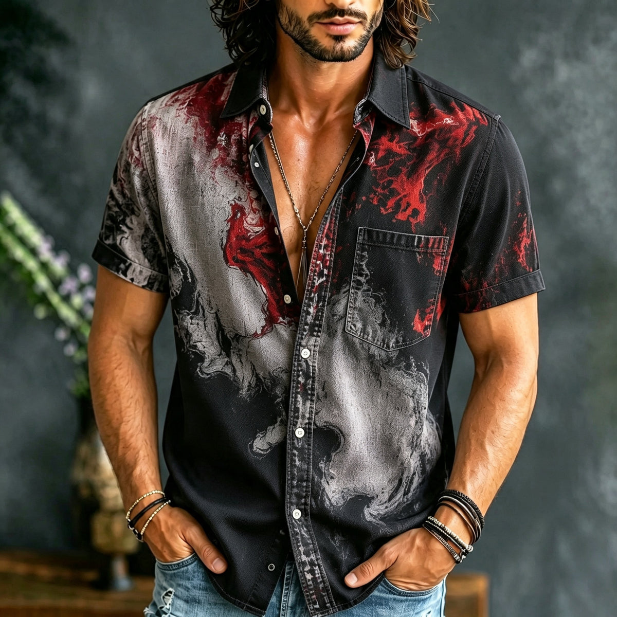 Men's Ink Halloween Style Printed Short Sleeves Shirt