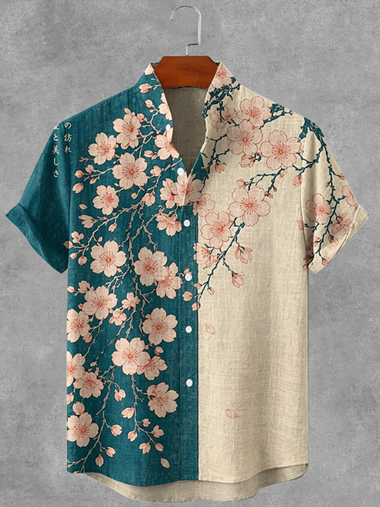 Vintage Japanese Cherry Blossom Art Print Button Casual Cotton Linen Shirt