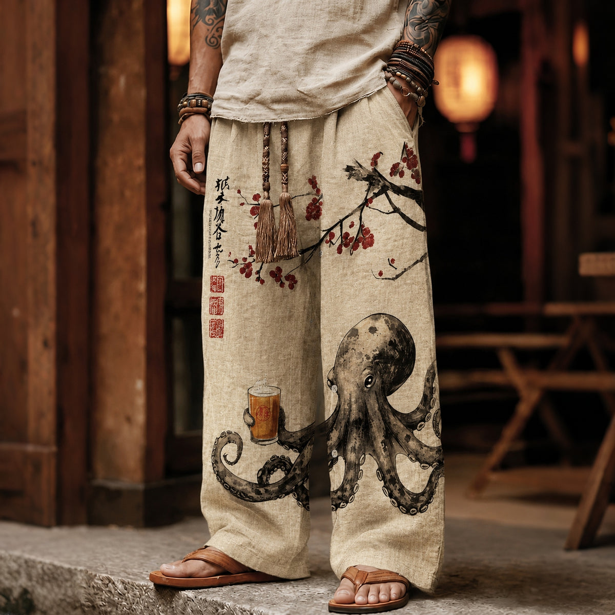 Men's Octopus Drinking Tea Under The Cherry Tree Art Print Casual Pants