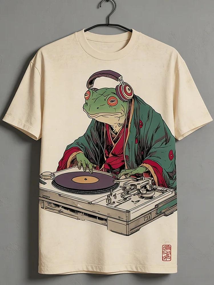 Men's Frog Dj Retro Record Japanese Art Print Casual T-shirt