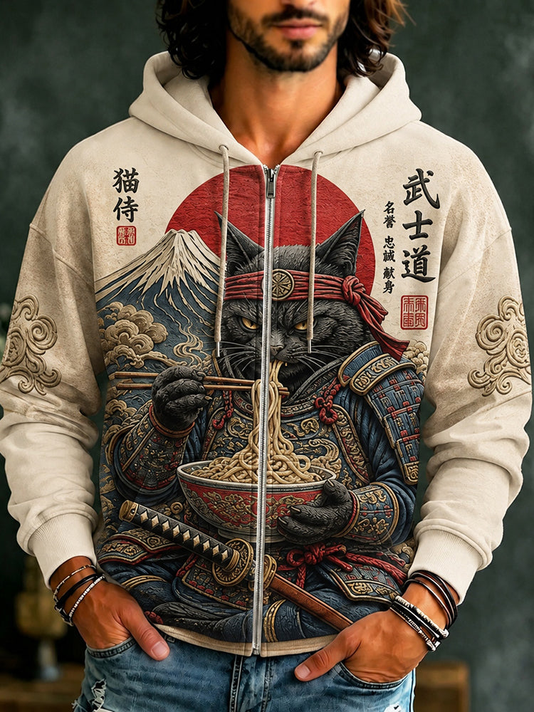 Men's Black Cat Samurai Eats Ramen Print Casual Zip Up Hoodie