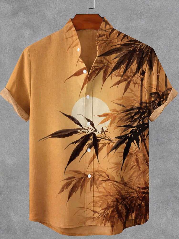 Men's Retro Sunset And Bamboo Art Print Short Sleeve Shirt