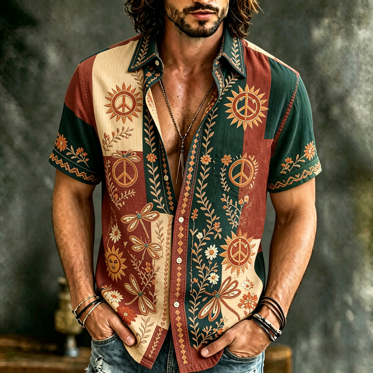 Men's Retro Hippie Floral Color Block Print Cotton Linen Short-sleeve Shirt