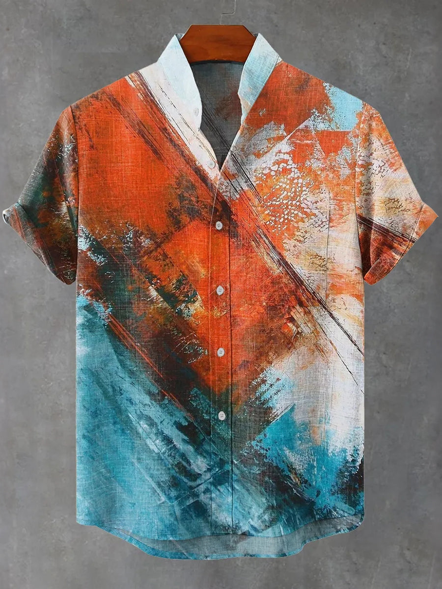 Men's Geometric Color Block Abstract Art Print Linen Blend Short-sleeve Shirt