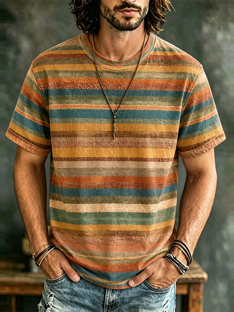 Men's Retro Hippie Abstract Stripe Art Print Casual T-shirt