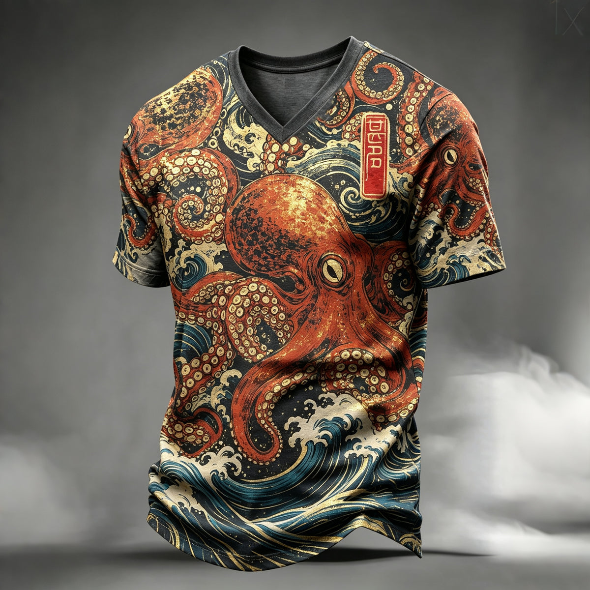 Men's Retro Japanese Art Octopus Wave Letter Print V-neck Short-sleeve T-shirt