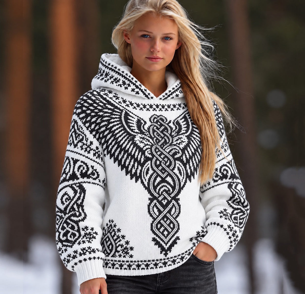 Women's Vintage Viking Celtic Knot And Wings Knit Hooded Sweater