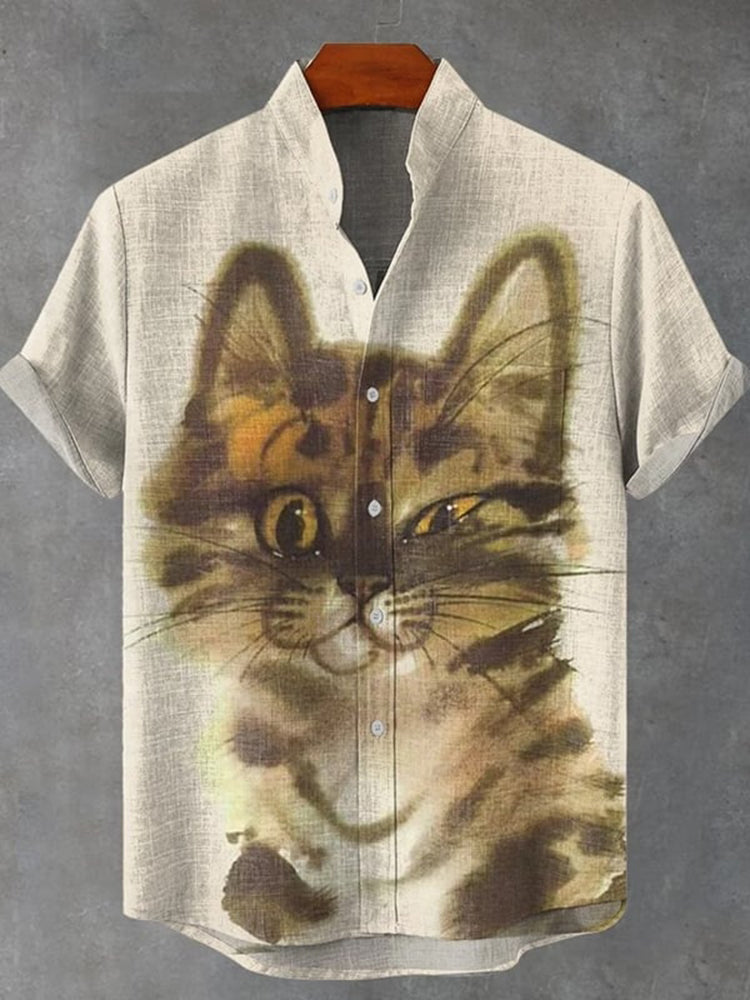 Men's Retro Fun Cat Print Casual Linen Blend Shirt