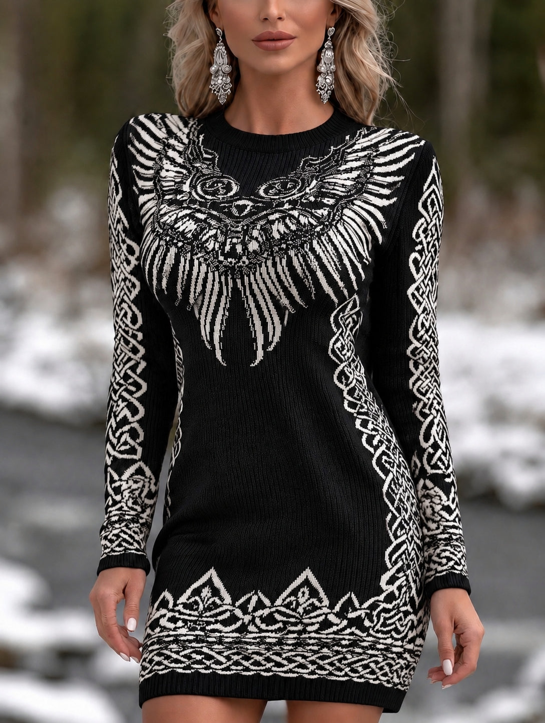 Women's Retro Viking Celtic Knot With Angle Wings Art Cozy Knit Dress