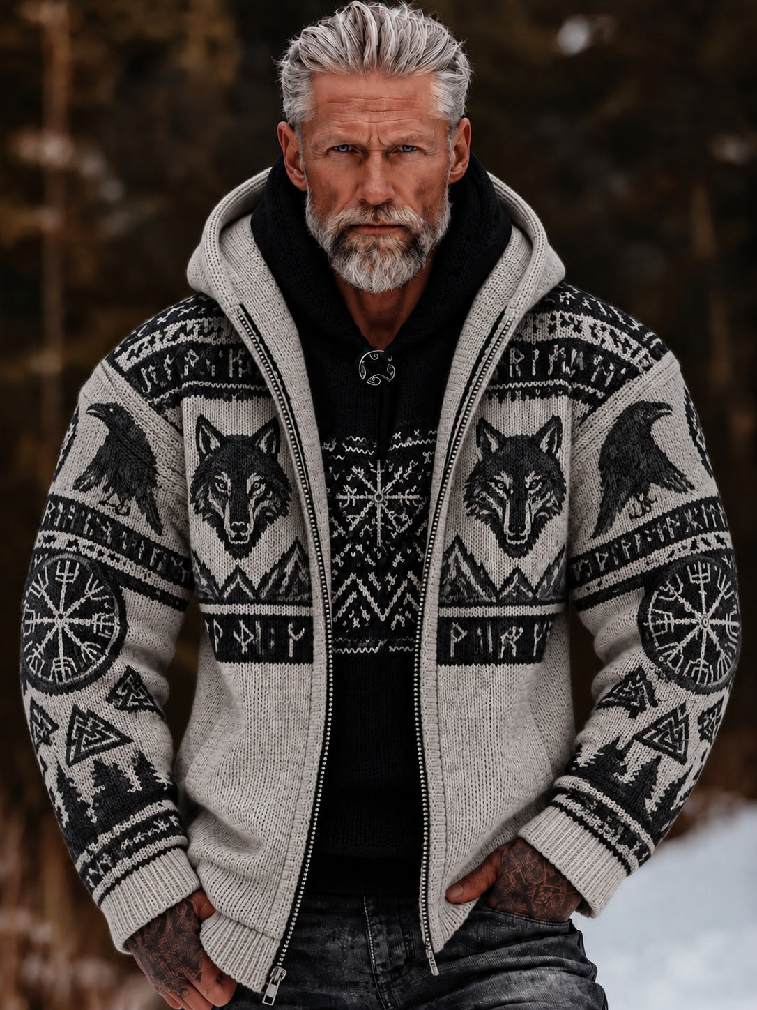 Men's Vintage Viking Celtic Wolf Pattern Art Printed Cozy Hooded Sweater