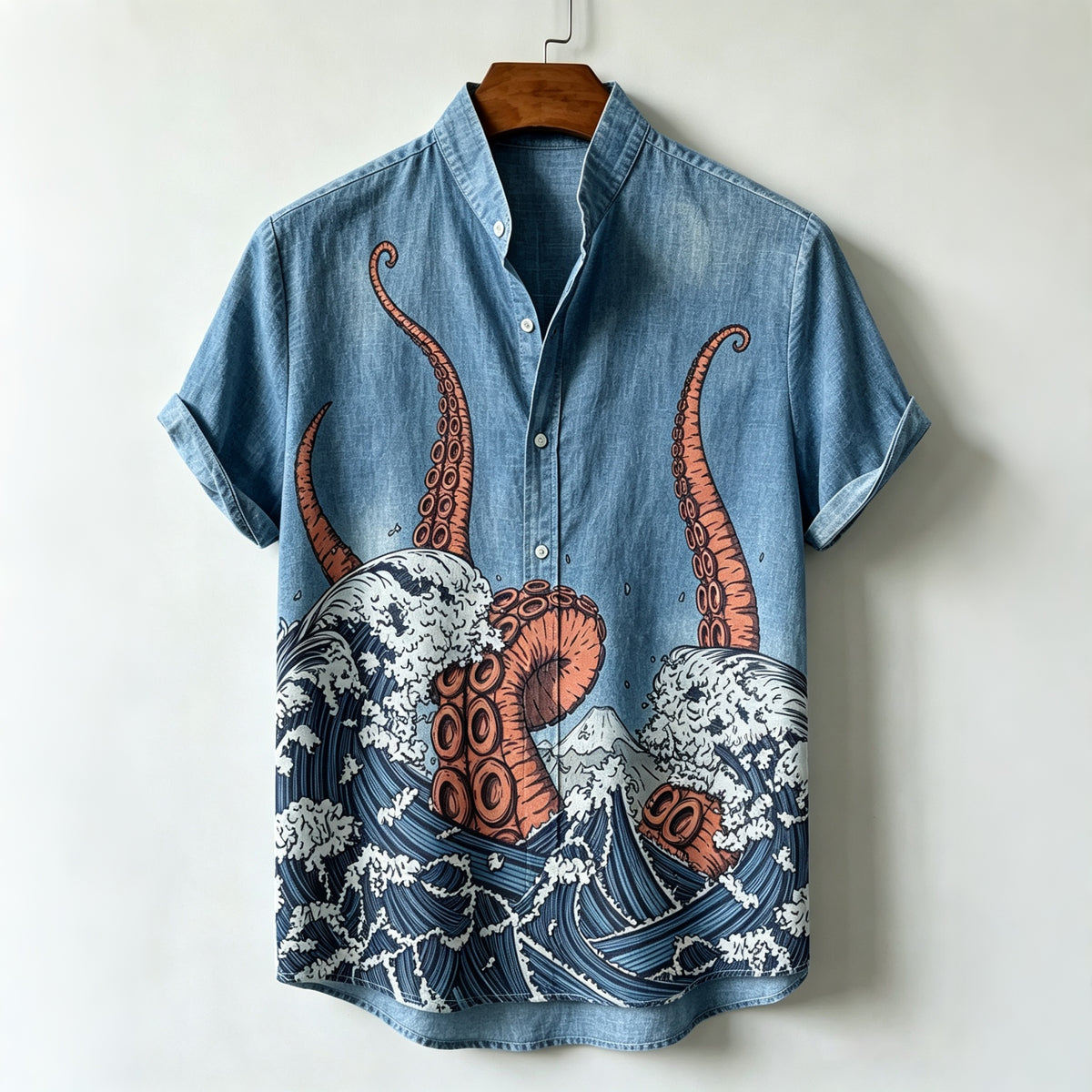 Men's Japanese Octopus And Ocean Waves Art Print Shirt