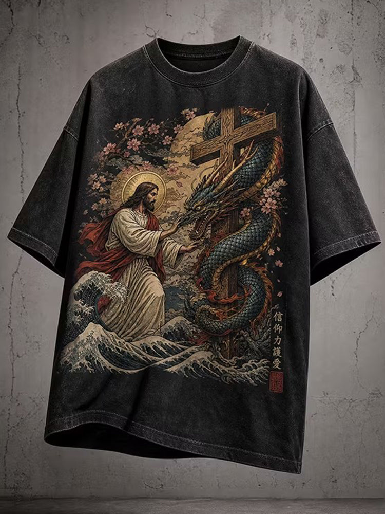 Men's Jesus Dragon Cross Cherry Blossom Ocean Wave Art Print T-shirt