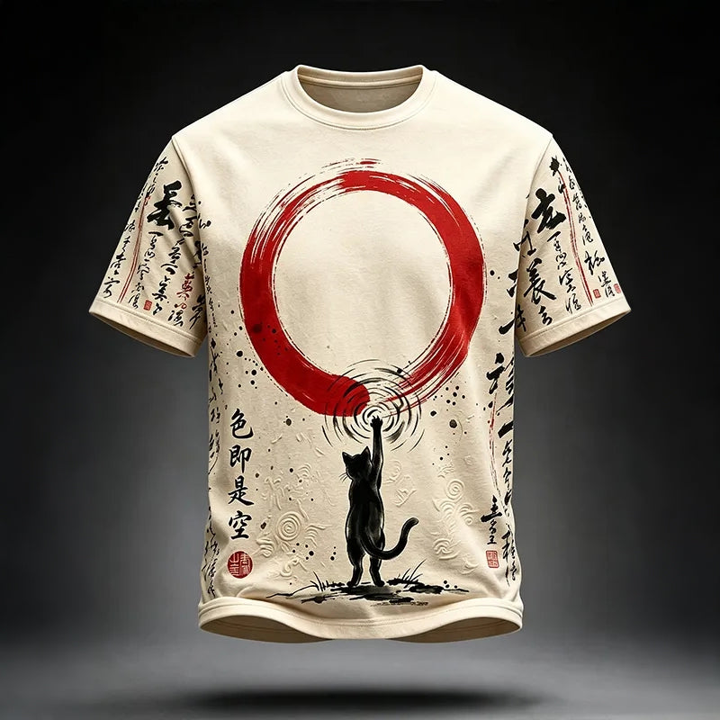 Men's Japanese Art Black Cat Print Short-sleeve Crew Neck T-shirt
