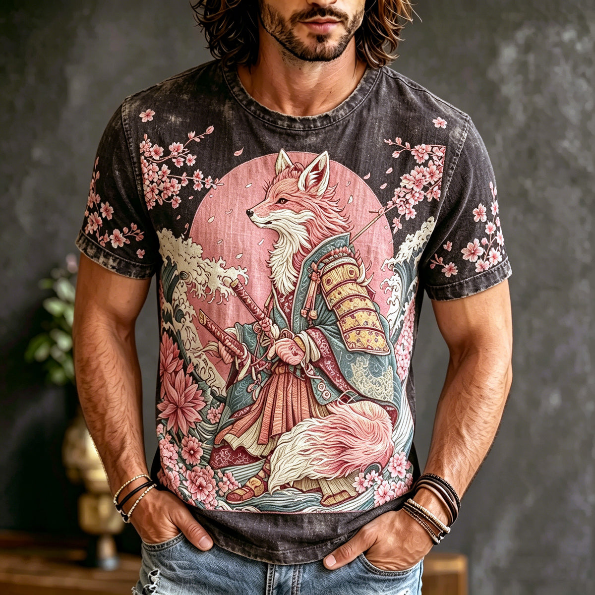 Men's Japanese Ukiyo-e Cherry Blossom And Fox Print Cotton Linen Comfortable T-shirt