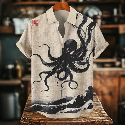 Herren T-Shirt mit schwarzem Oktopus und japanischem Wellen-Kunstdruck