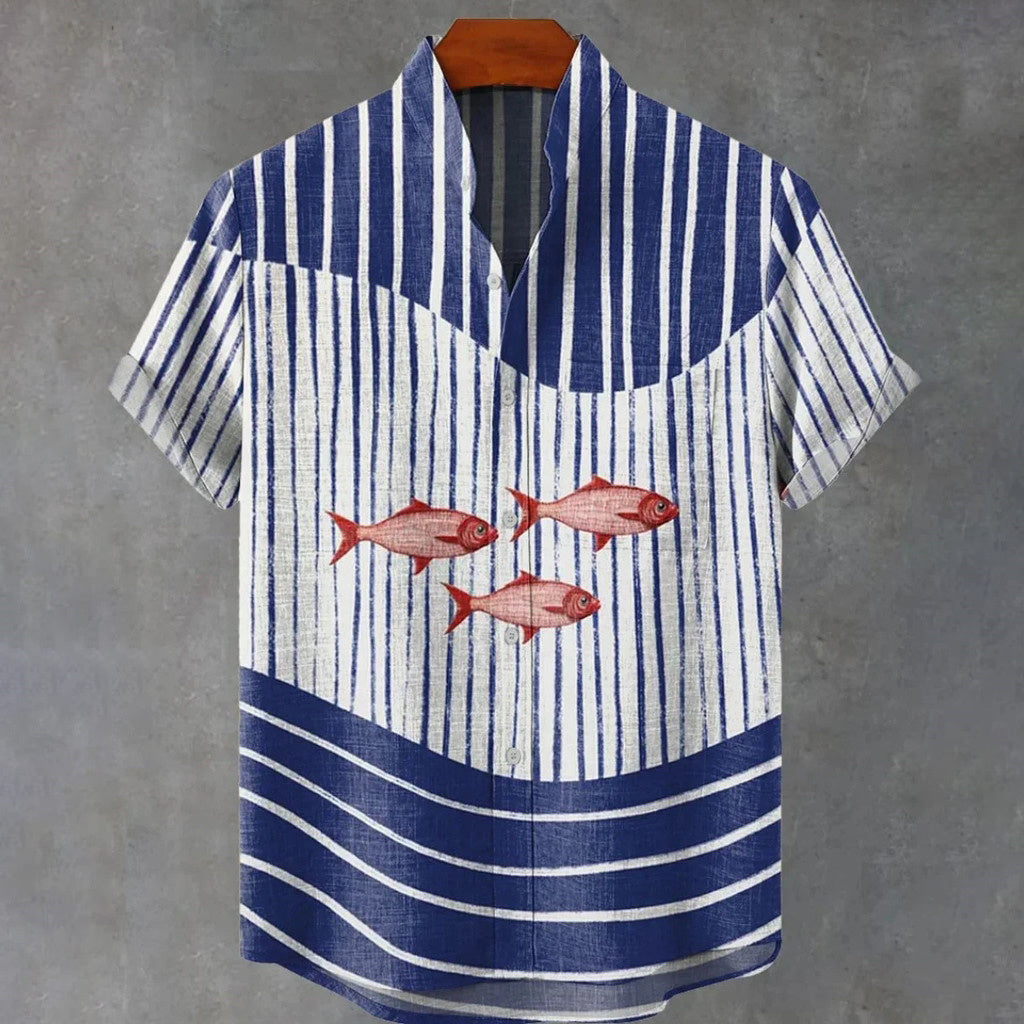 Men's Retro Japanese Striped And Fish Print Linen Blend Shirt
