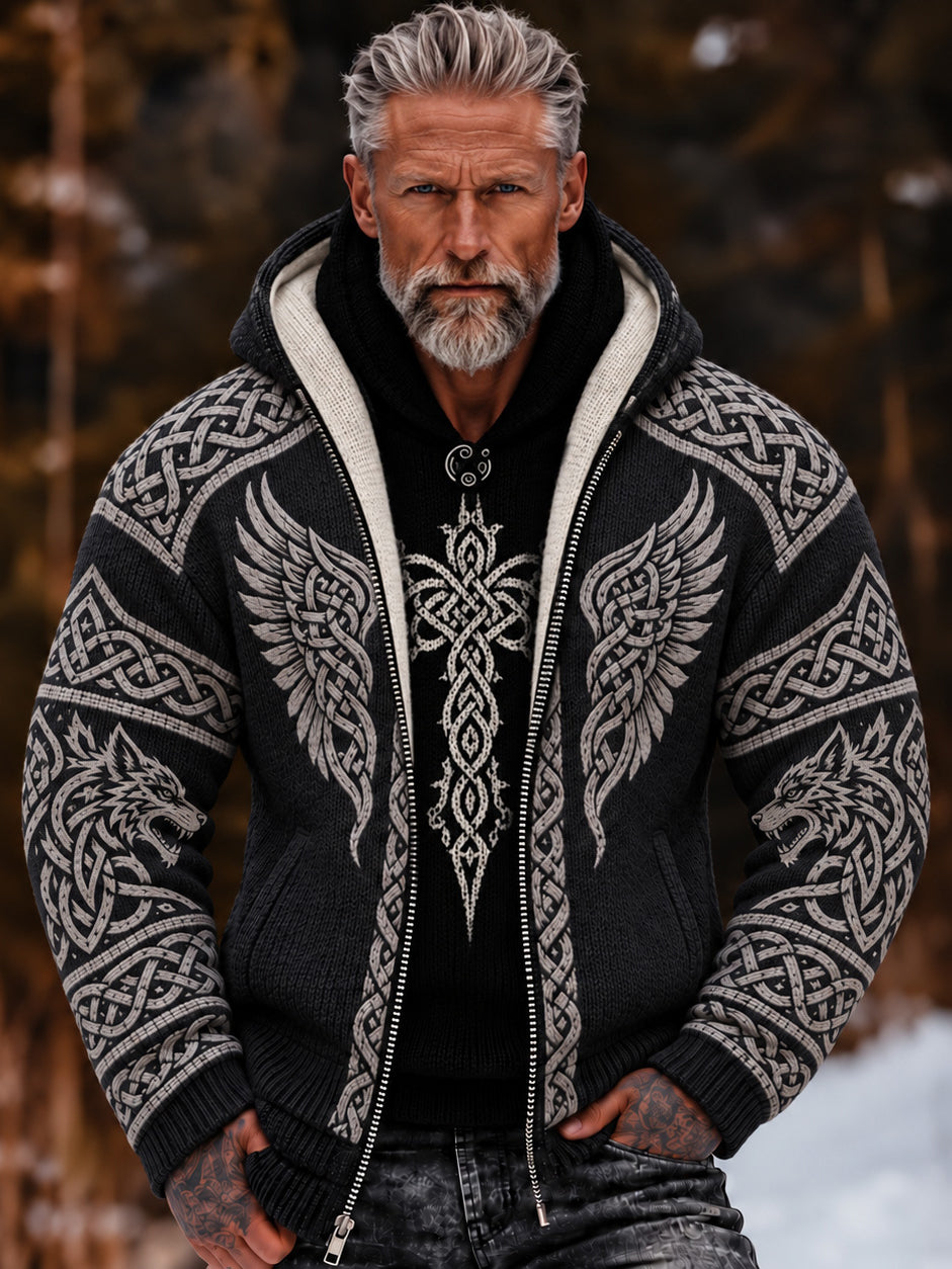 Men's Retro Tribal Viking Pattern Zip-up Cozy Hooded Sweater