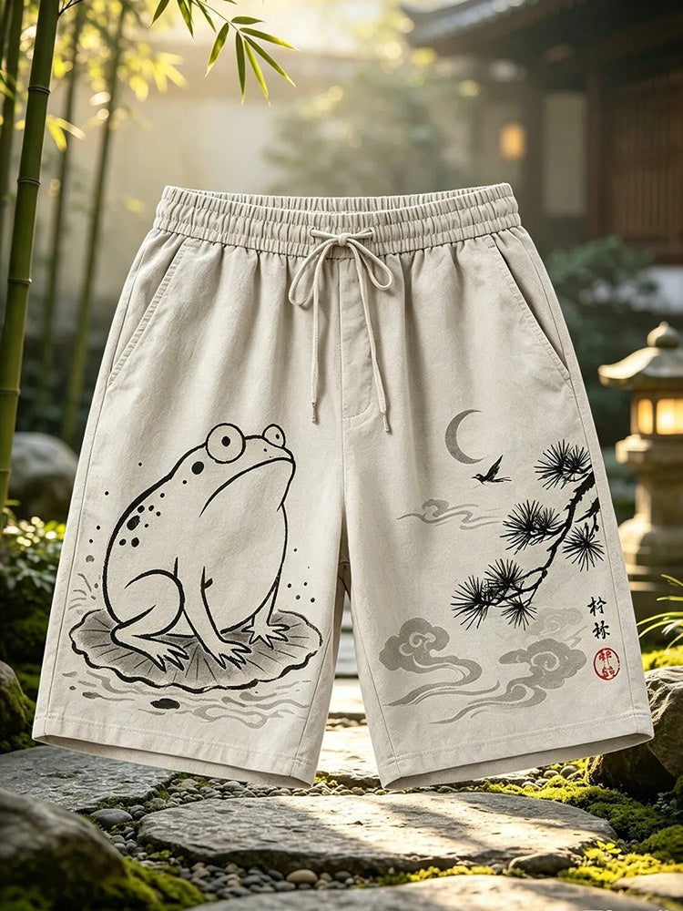 Men's Wabi-sabi Oriental Ink Painting Frog Art Print Casual Shorts