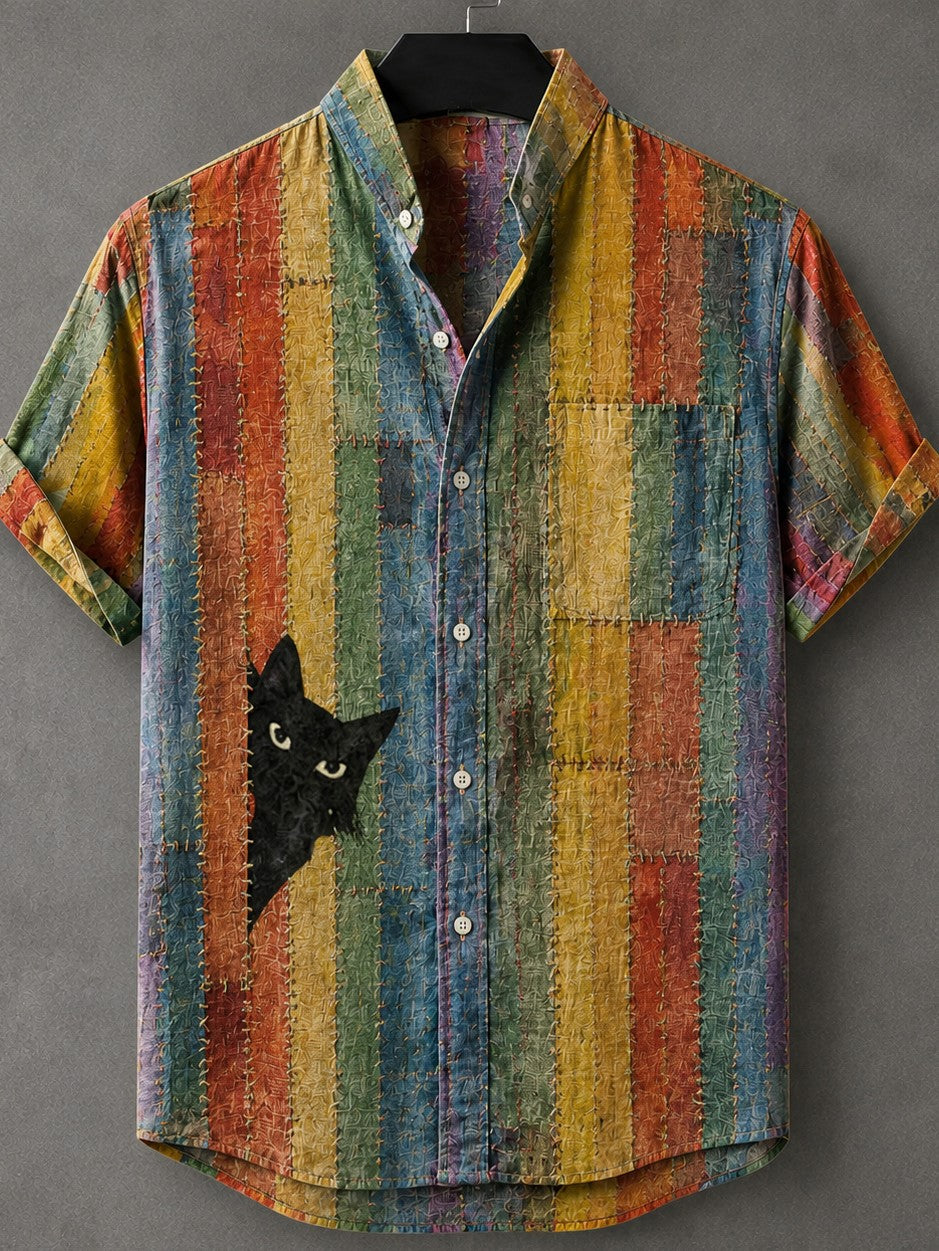 Herren Retro Böhmisches Japanisches Katzen-Patchwork-Print Hemd aus Baumwolle und Leinen