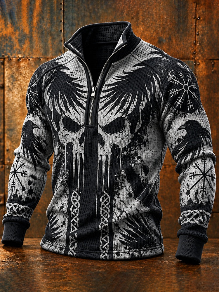 Men's Retro Viking Skull And Raven Print Zip-up Sweatshirt
