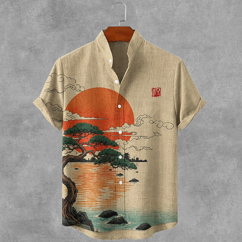 Men's Japanese Pine Tree Art Pattern Linen Shirt