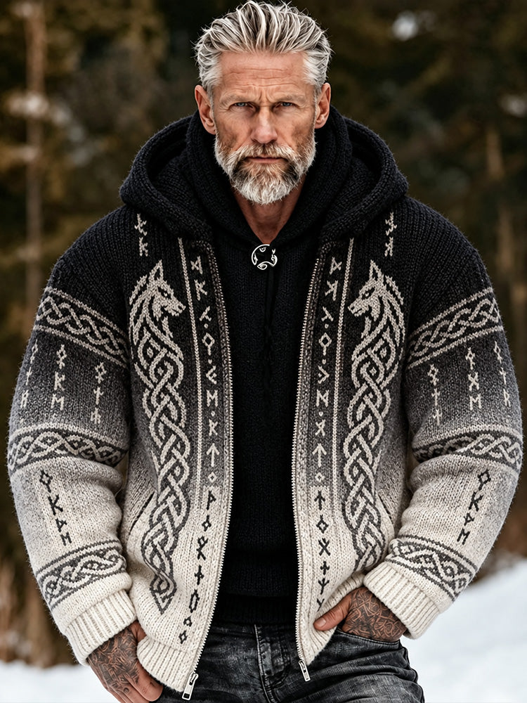 Men's Vintage Viking Style Wolf Totem And Celtic Knot Art Jacquard Hooded Cardigan Sweater