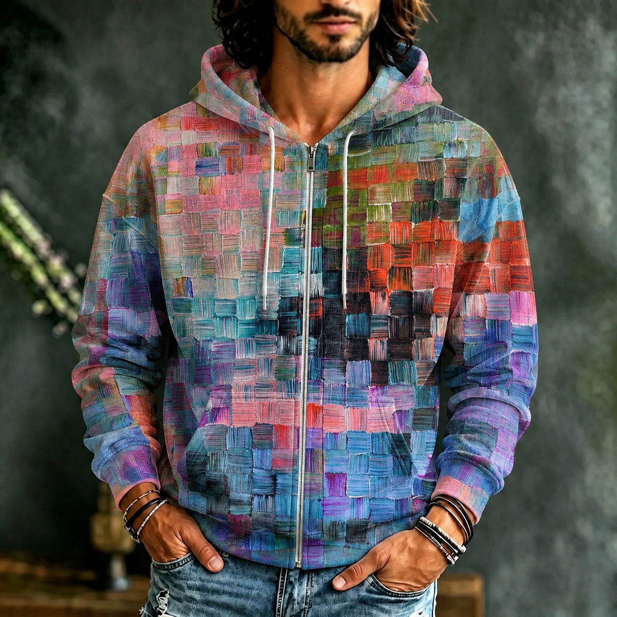 Men's Oil Painting Style Lattice Vintage Art Print Casual Zip Up Hoodie