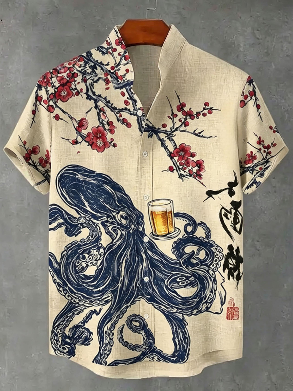 Vacation Octopus Drinking Beer Art Print Men's Short Sleeve Button Up Shirt