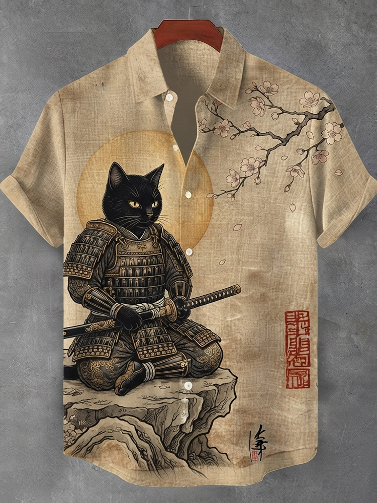 Men's Japanese Samurai Black Cat & Cherry Blossom Print Casual Shirt