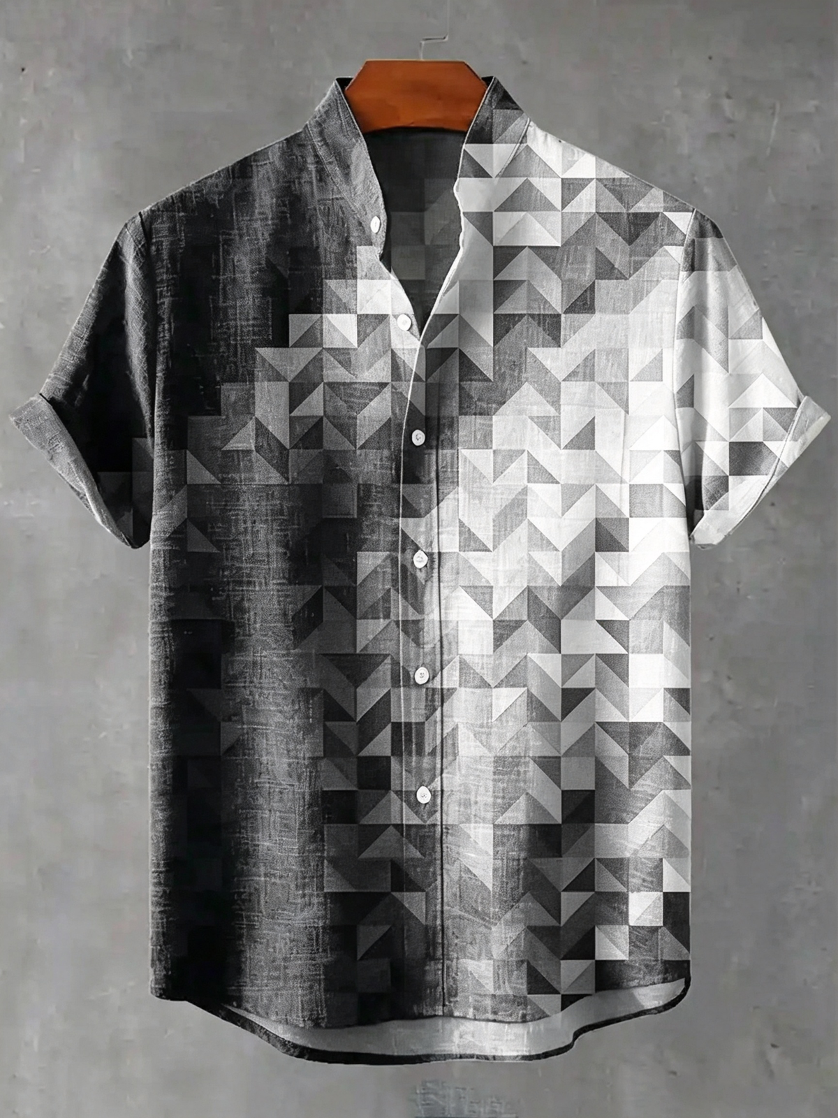 Men's Vintage Green Geometric Gradient Print Linen Blend Short-sleeve Shirt