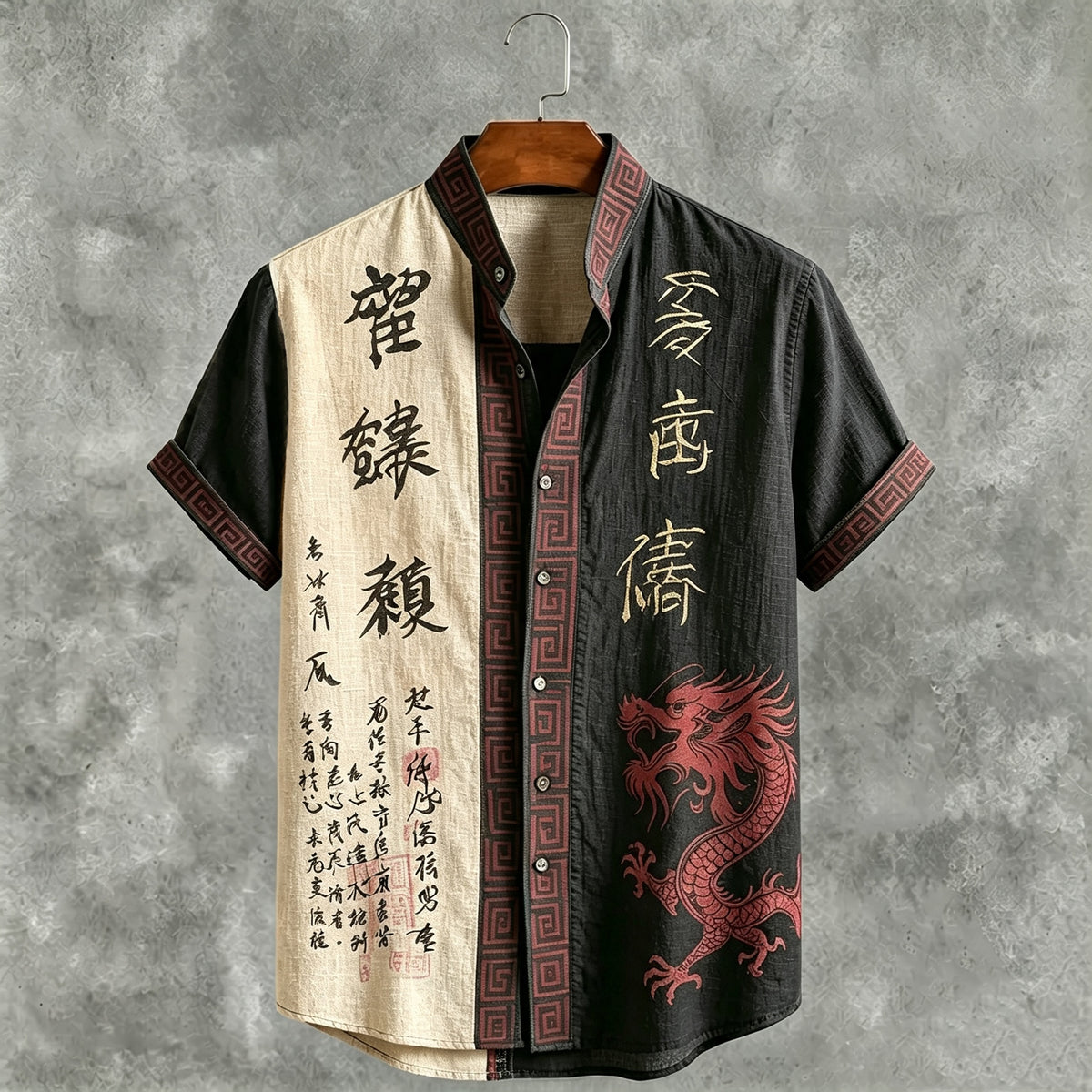 Men's Retro Japanese Calligraphy And Dragon Art Pattern Casual Linen Blend Shirt